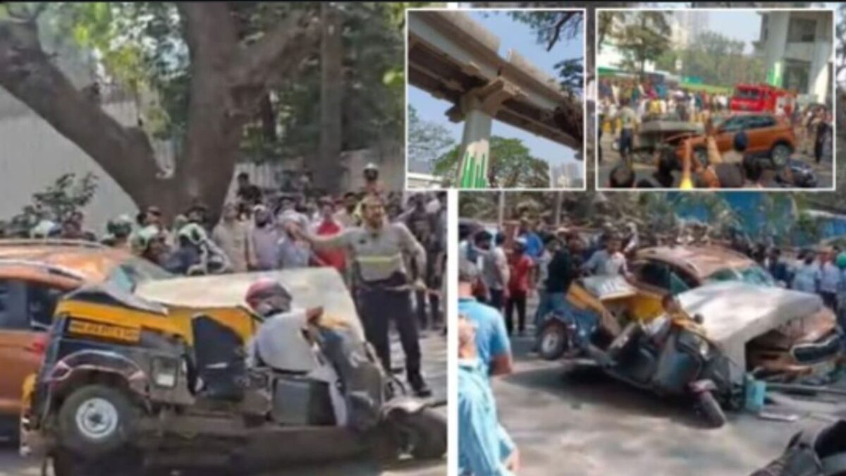 Major-accident-averted-on-Goregaon-Link-Road-Iron-pillar-of-under-construction-bridge-falls-on-car-no-one-injured-news