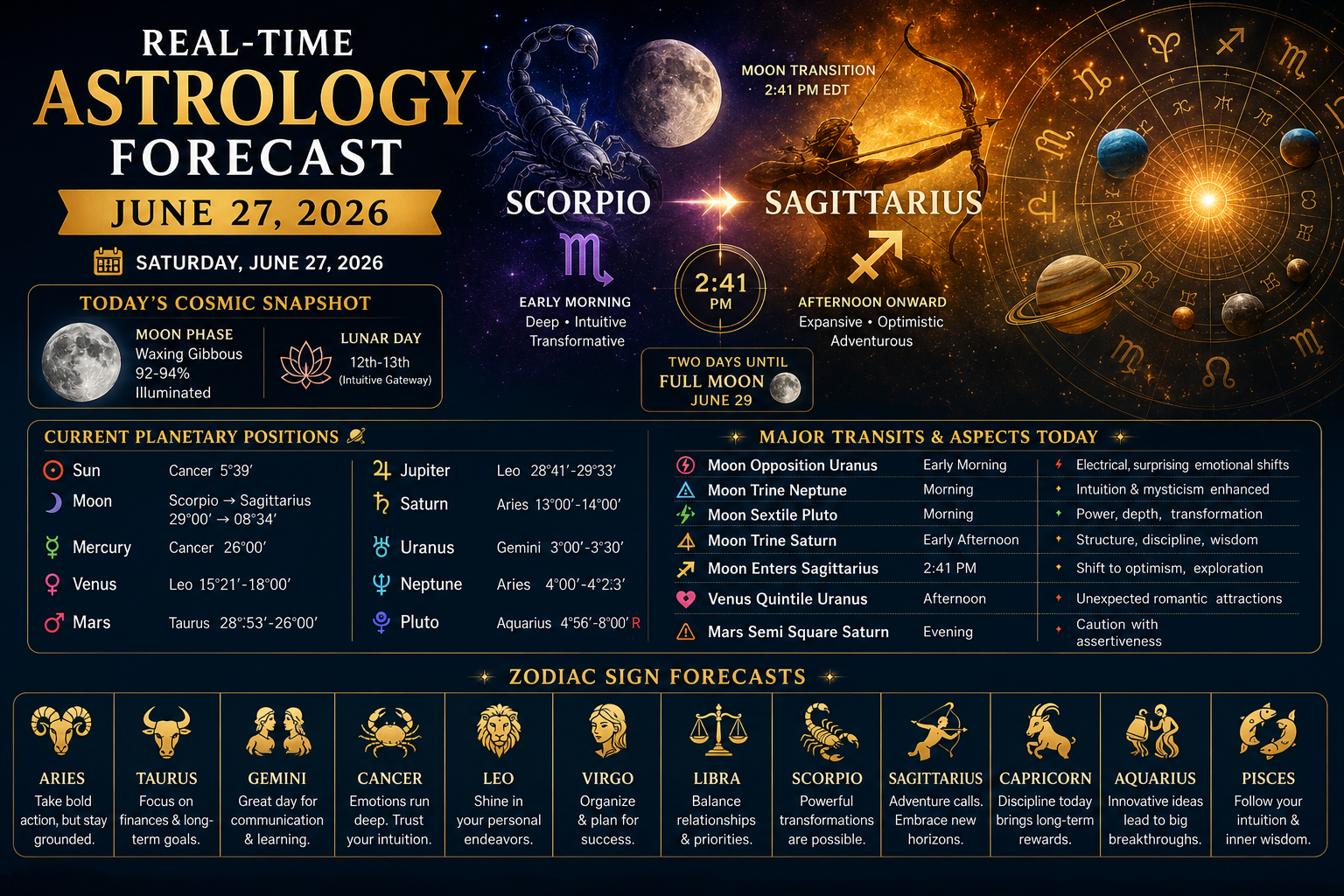 🌙 REAL-TIME ASTROLOGY FORECAST – JUNE 27, 2026